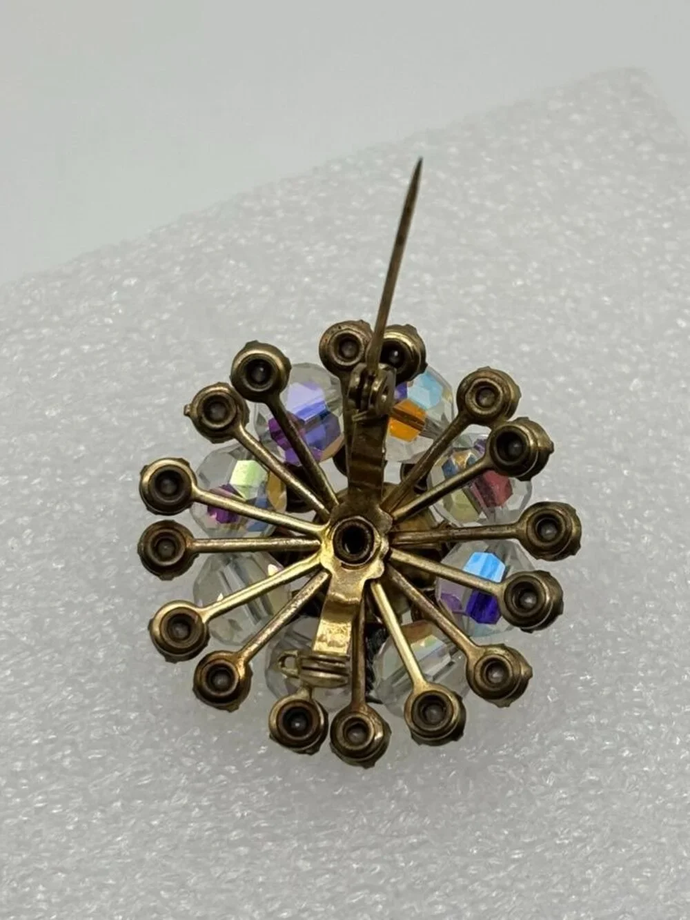 Vintage Domed Crystal Aurora Borealis Starburst Brooch Open Back Frame, Unsigned